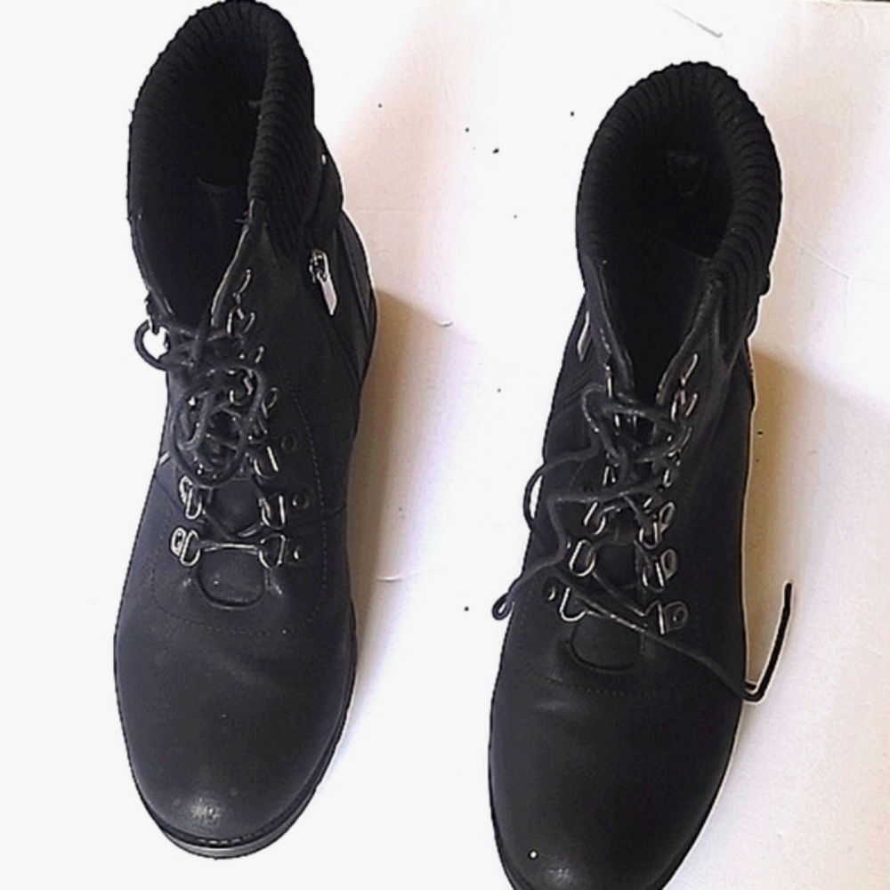 Women Moto Biker Boots Silver Hardware Lace Up Zip Side SZ 11 W